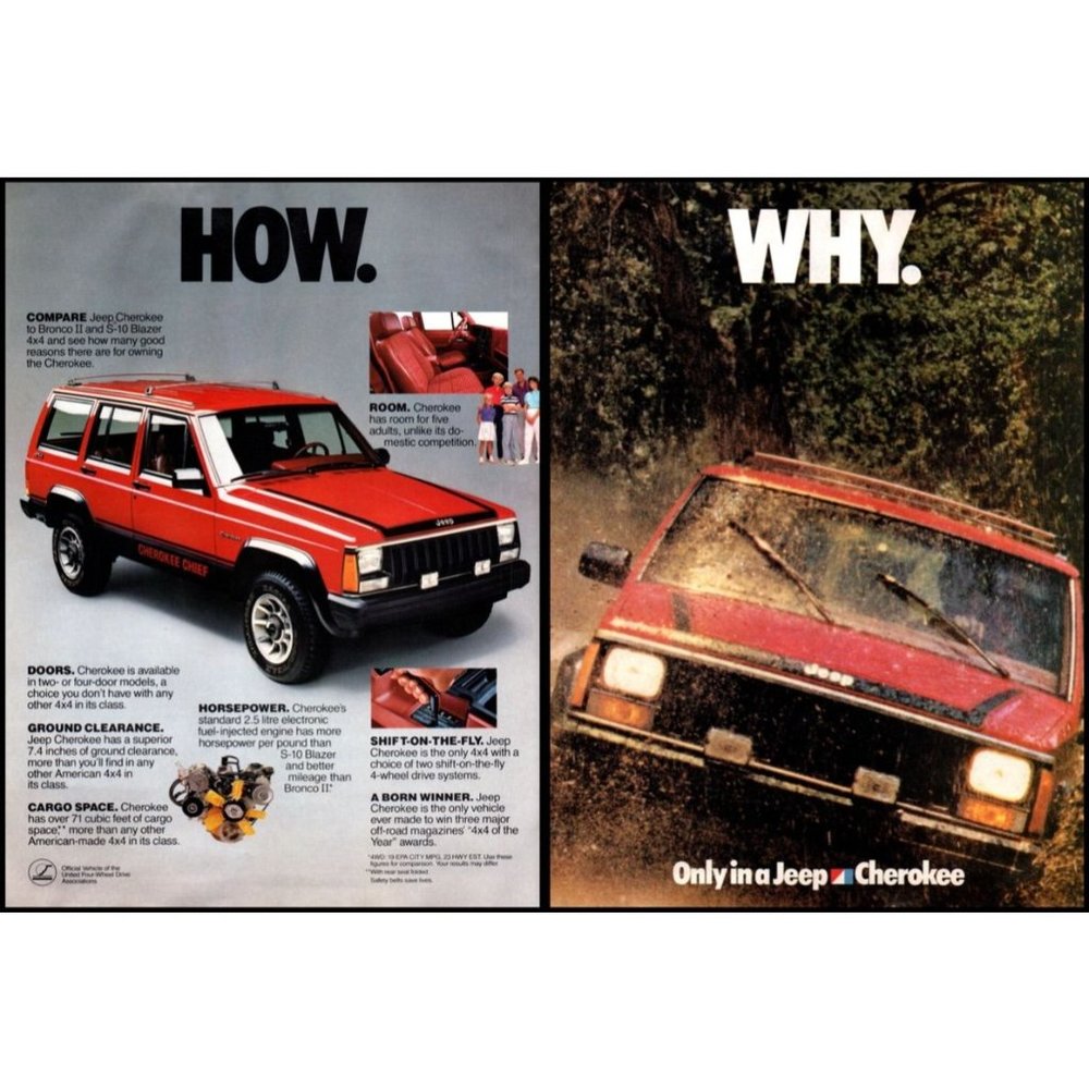 1986 Jeep Cherokee Chief SUV 2 Page Vintage Print Ad How and Why Mud Wall Art